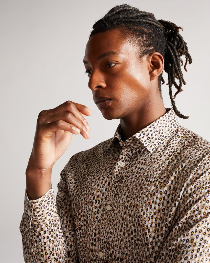 être Ted Baker Hommes Dunston - Chemise rétro à pois à manches longues brun FR8J421656 vêtements