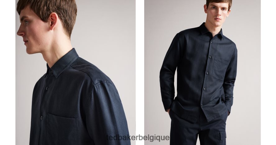 être Ted Baker Hommes chemise en lin mélangé épais à manches longues belvue marine FR8J421648 vêtements