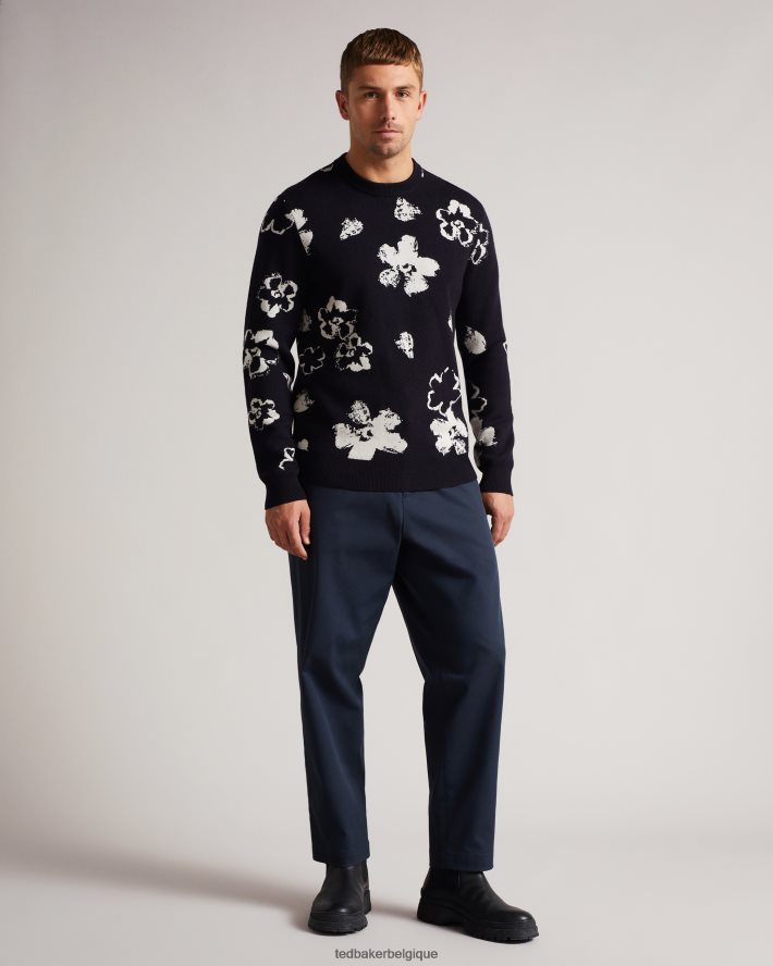 être Ted Baker Hommes Sandsen - T-shirt ras du cou à imprimé floral et manches longues bleu marine foncé FR8J421689 vêtements