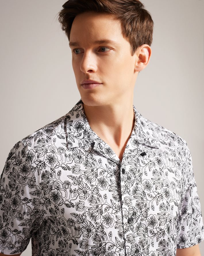 être Ted Baker Hommes chemise brodée à manches courtes Mulben blanc FR8J421544 vêtements