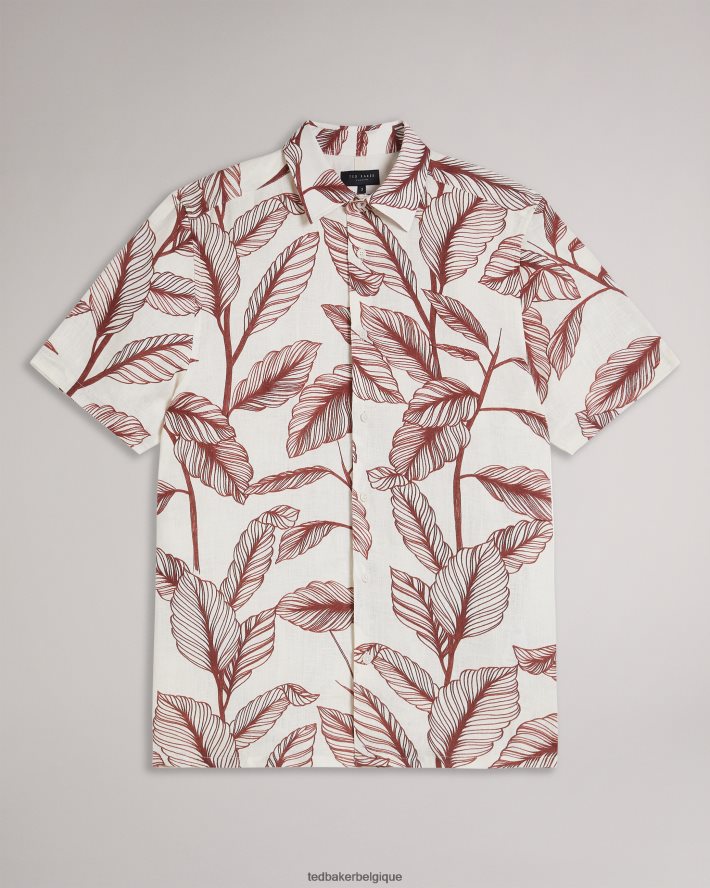 être Ted Baker Hommes chemise en lin à imprimé feuilles à manches courtes Tagus Orange sombre FR8J421618 vêtements