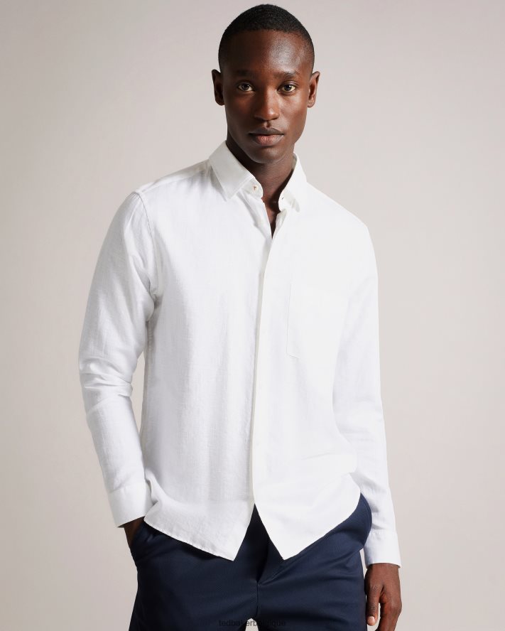 être Ted Baker Hommes chemise en lin mélangé à manches longues kingwel blanc FR8J421335 vêtements