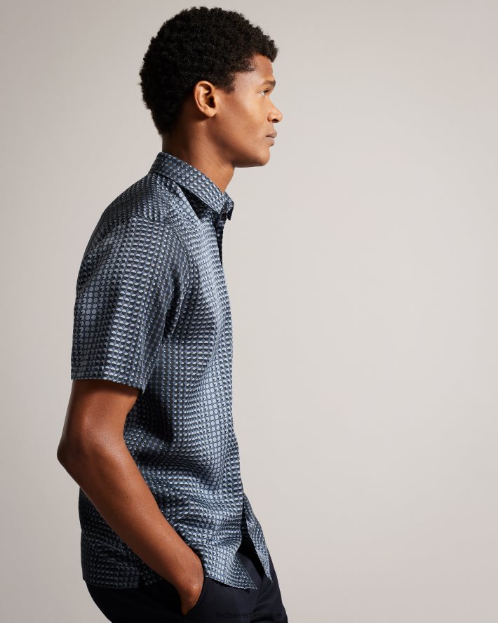 être Ted Baker Hommes chemise en lyocell à imprimé géométrique à manches courtes Munden marine FR8J421540 vêtements