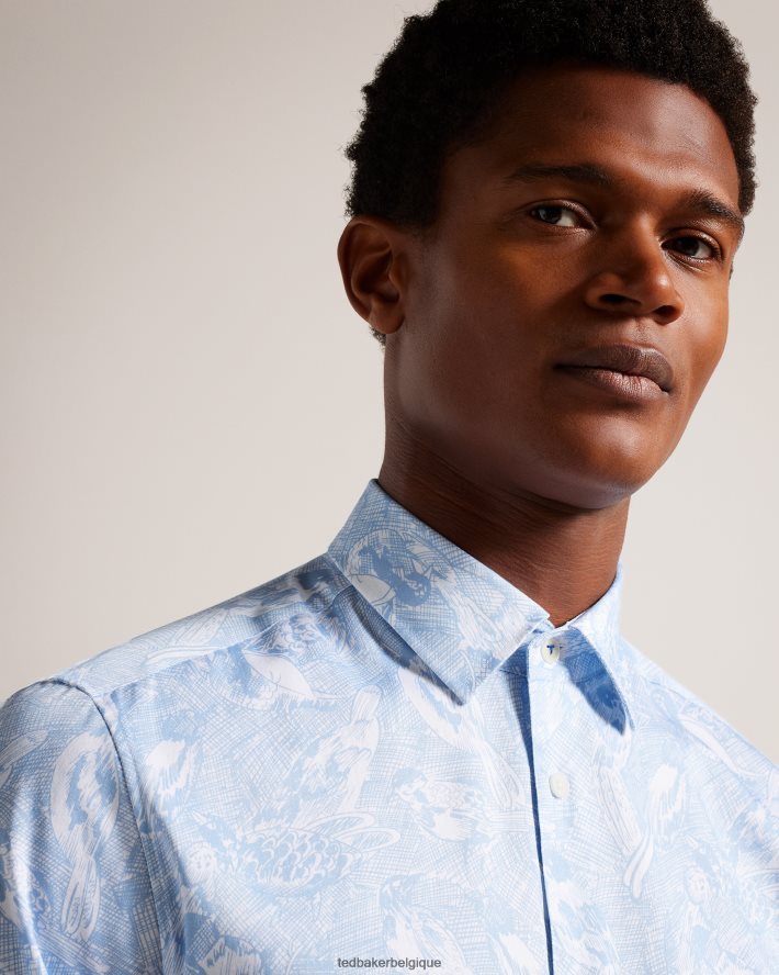 être Ted Baker Hommes chemise à imprimé oiseau dessiné à la main à manches longues Mullen bleu clair FR8J421269 vêtements