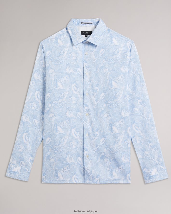 être Ted Baker Hommes chemise à imprimé oiseau dessiné à la main à manches longues Mullen bleu clair FR8J421269 vêtements