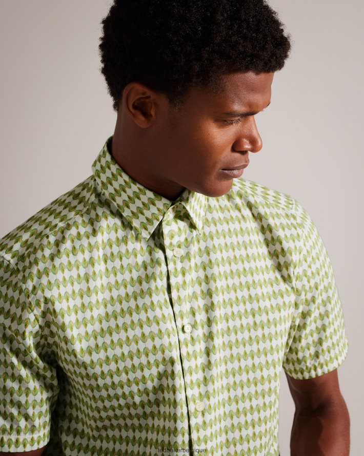 être Ted Baker Hommes furbo chemise à micro-feuilles à manches courtes olive FR8J421606 vêtements