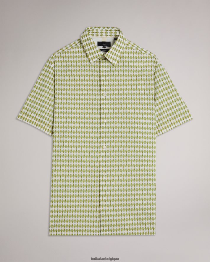 être Ted Baker Hommes furbo chemise à micro-feuilles à manches courtes olive FR8J421606 vêtements