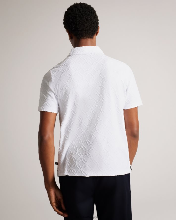 être Ted Baker Hommes polo marocain zippé à manches courtes en jacquard blanc FR8J421404 vêtements