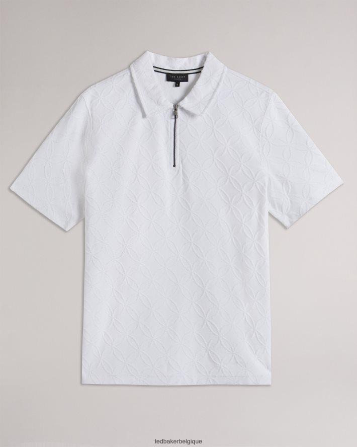 être Ted Baker Hommes polo marocain zippé à manches courtes en jacquard blanc FR8J421404 vêtements