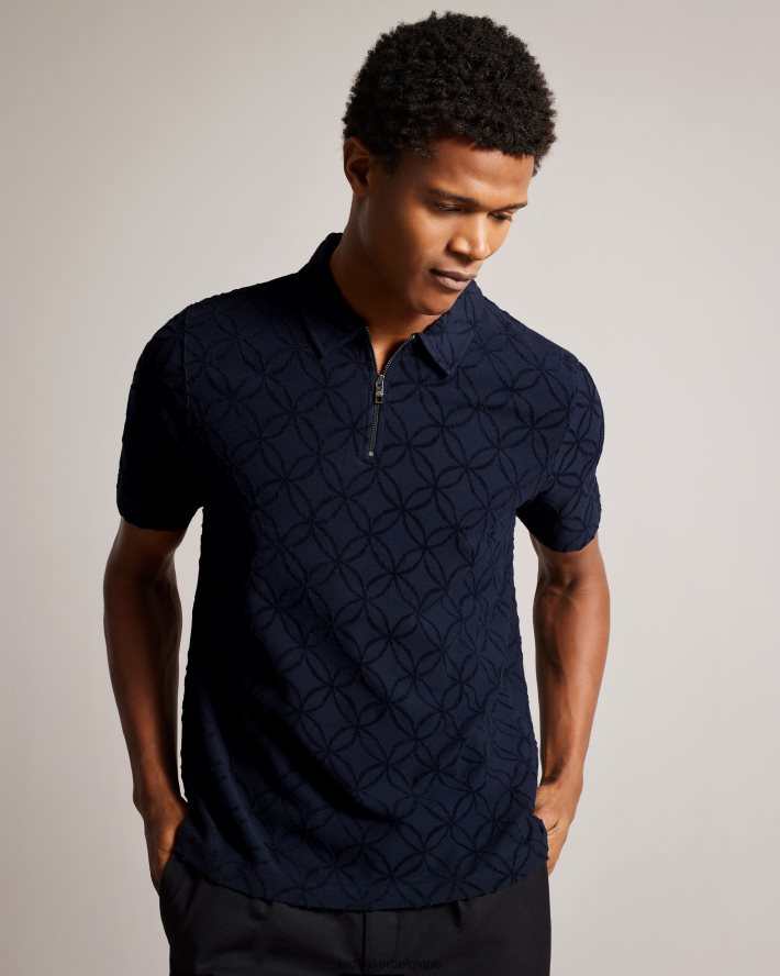 être Ted Baker Hommes polo marocain zippé à manches courtes en jacquard marine FR8J421428 vêtements