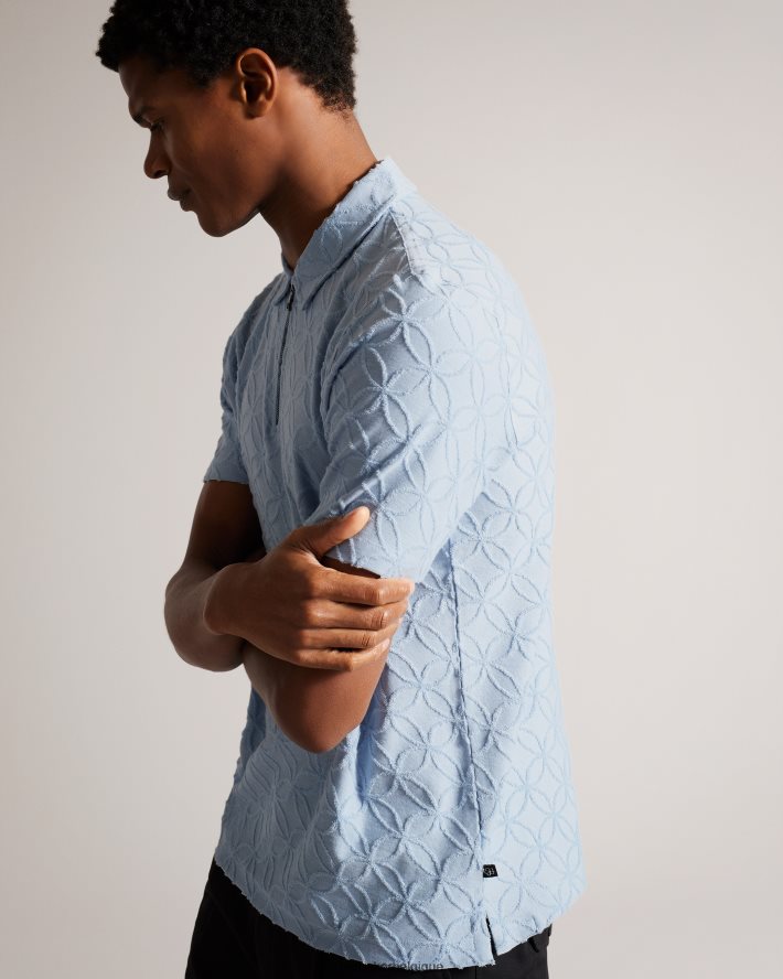 être Ted Baker Hommes polo marocain zippé à manches courtes en jacquard pl-bleu FR8J421321 vêtements