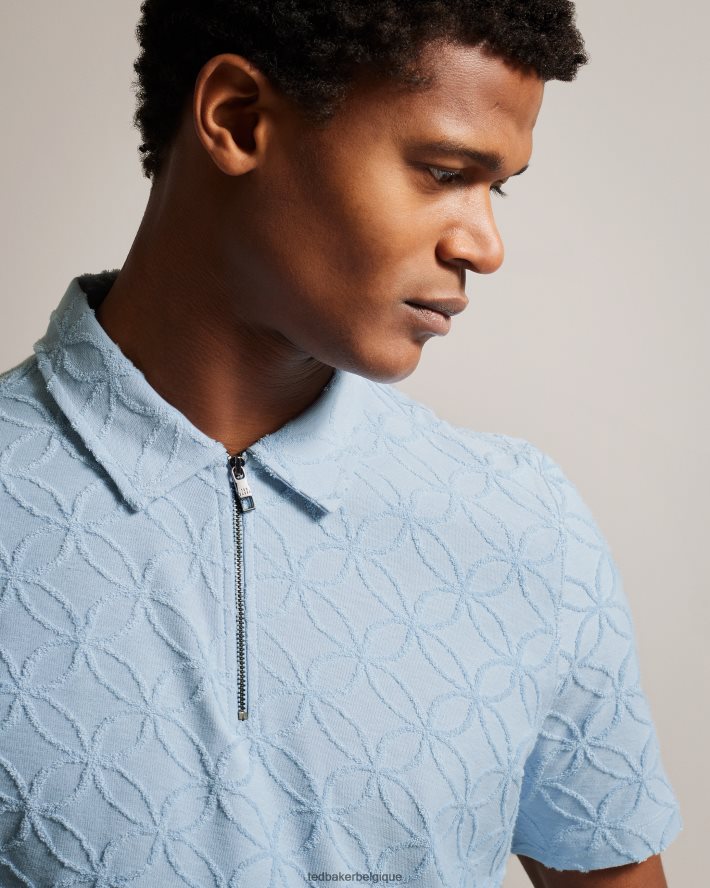 être Ted Baker Hommes polo marocain zippé à manches courtes en jacquard pl-bleu FR8J421321 vêtements