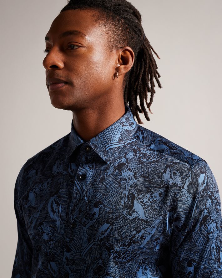 être Ted Baker Hommes chemise à imprimé oiseau dessiné à la main à manches longues Mullen bleu moyen FR8J421280 vêtements