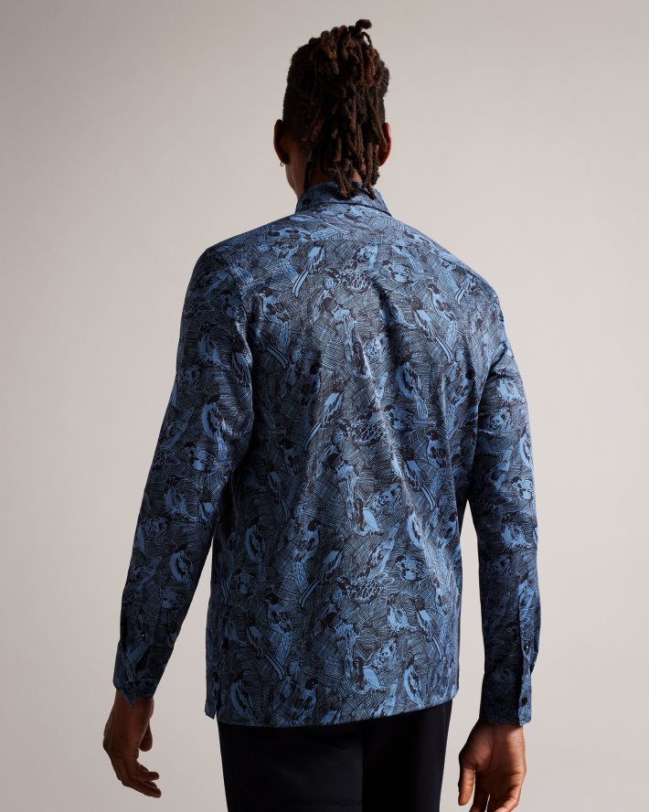 être Ted Baker Hommes chemise à imprimé oiseau dessiné à la main à manches longues Mullen bleu moyen FR8J421280 vêtements