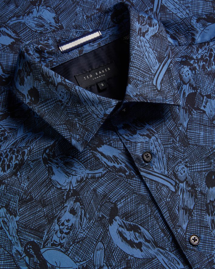 être Ted Baker Hommes chemise à imprimé oiseau dessiné à la main à manches longues Mullen bleu moyen FR8J421280 vêtements