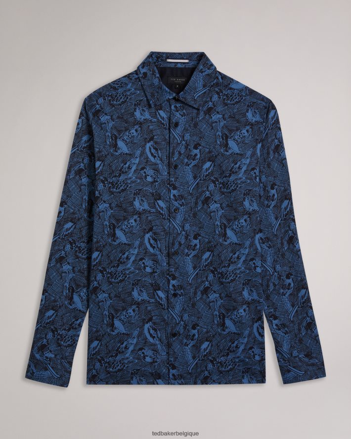 être Ted Baker Hommes chemise à imprimé oiseau dessiné à la main à manches longues Mullen bleu moyen FR8J421280 vêtements