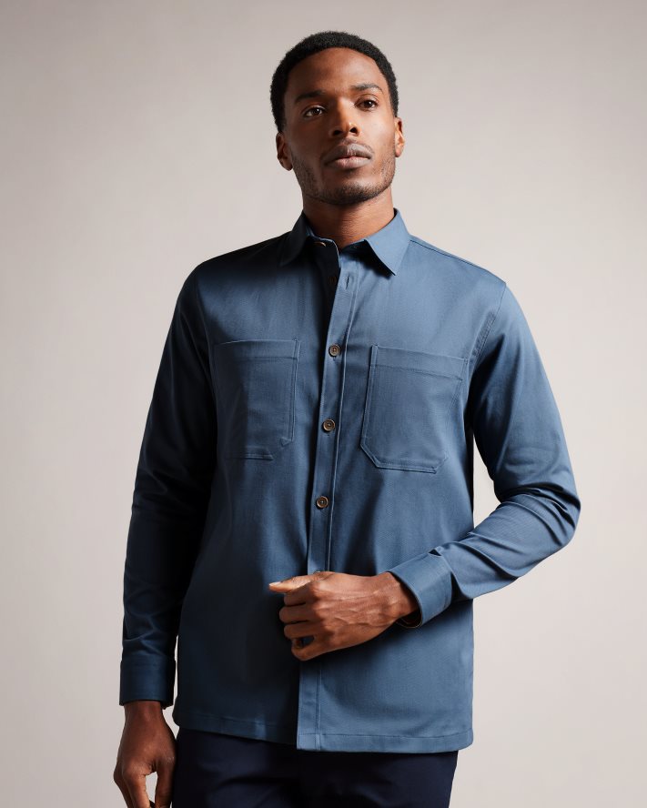 être Ted Baker Hommes hasting surchemise en sergé à manches longues bleu moyen FR8J421248 vêtements
