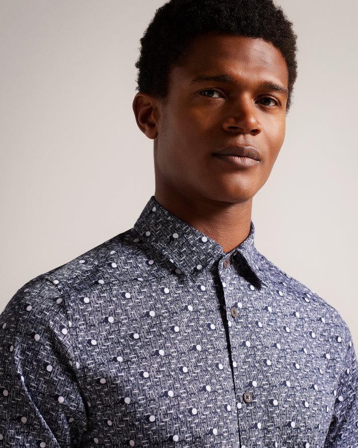 être Ted Baker Hommes maccle - chemise à manches longues et imprimé à pois marine FR8J421250 vêtements