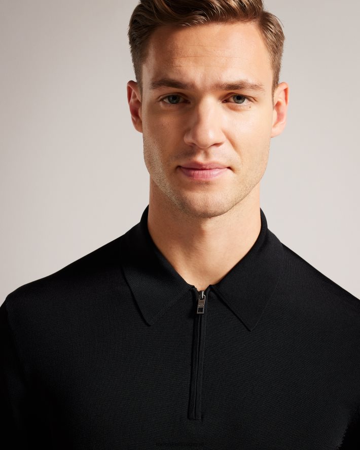 être Ted Baker Hommes viba polo en rayonne à manches longues et demi-zip noir FR8J421554 vêtements