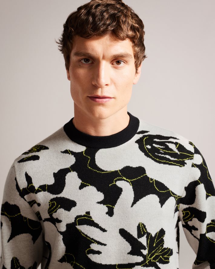 être Ted Baker Hommes pull en laine mérinos à fleurs ozier noir FR8J421275 vêtements