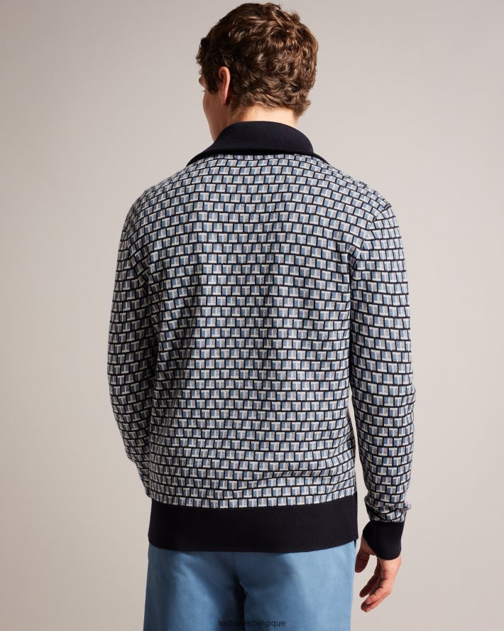 être Ted Baker Hommes teeflow cardigan en maille zippé à imprimé t géométrique bleu FR8J421283 vêtements