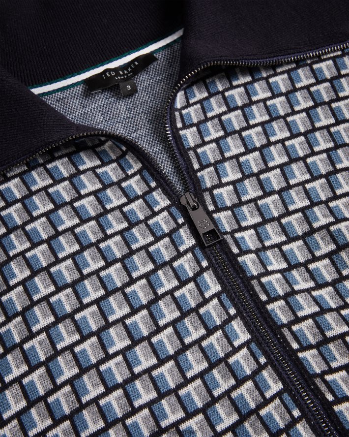 être Ted Baker Hommes teeflow cardigan en maille zippé à imprimé t géométrique bleu FR8J421283 vêtements