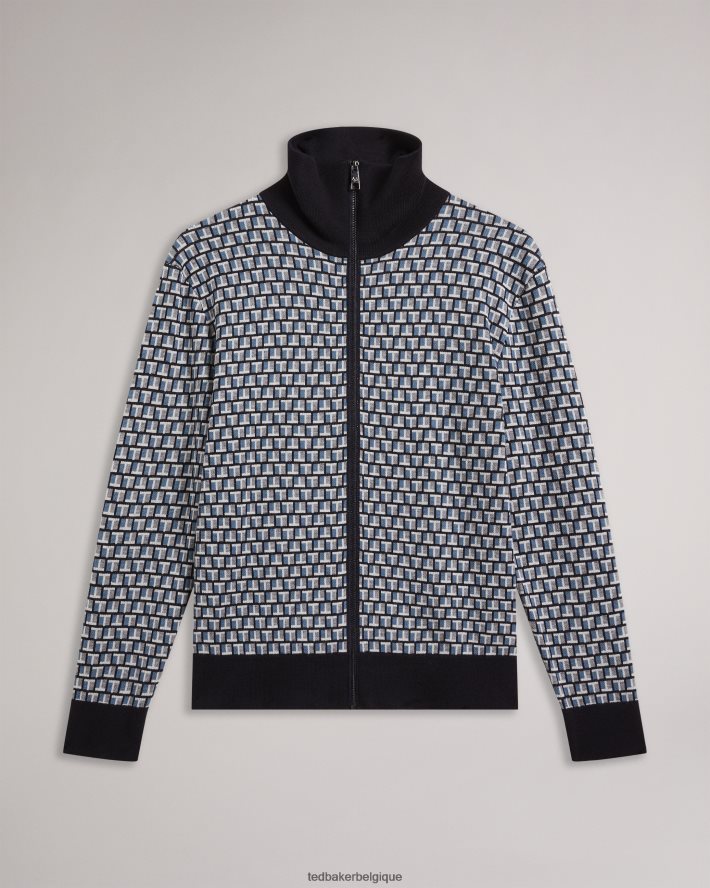 être Ted Baker Hommes teeflow cardigan en maille zippé à imprimé t géométrique bleu FR8J421283 vêtements