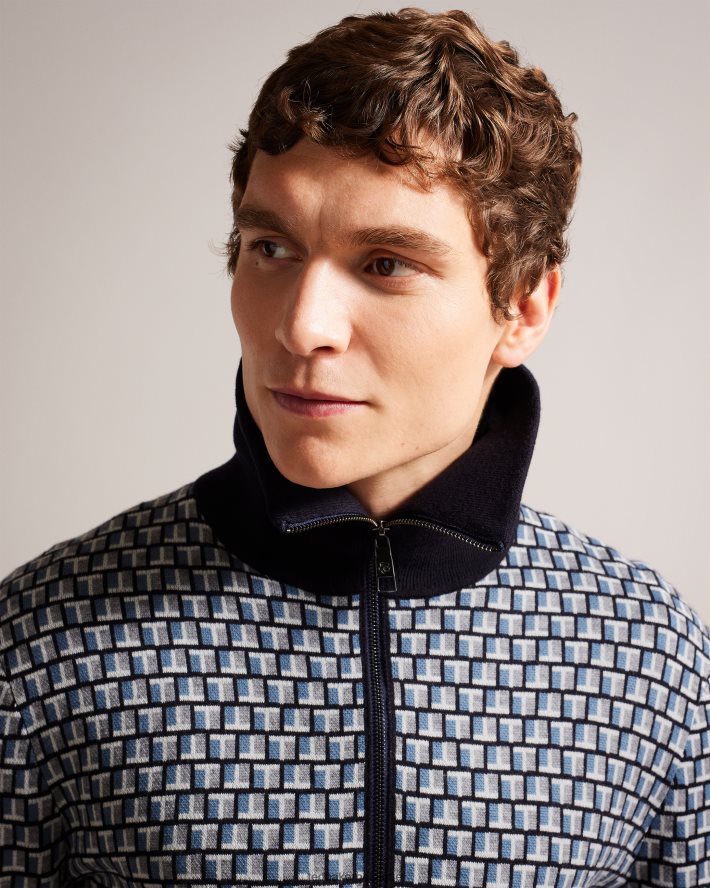 être Ted Baker Hommes teeflow cardigan en maille zippé à imprimé t géométrique bleu FR8J421283 vêtements